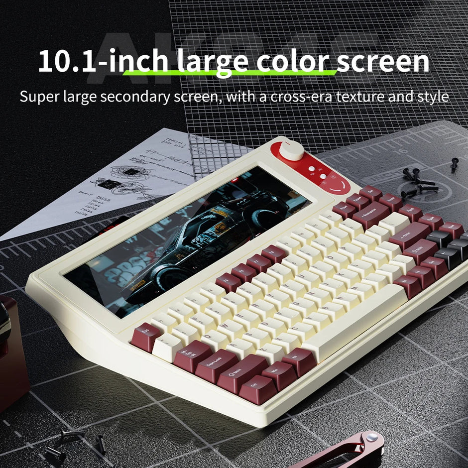 The Smart Display Mechanical Gaming Keyboard by HeadphoneHeat boasts a retro-style design featuring a large 10.1-inch color screen with a car display. Its beige and burgundy keys rest on a designer grid surface, providing cross-era texture and style. With 84 keys and a USB interface, this keyboard is both fashionable and functional.