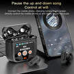 The LED Touch Screen Newmsnr Bluetooth 5.4 Earbuds by HeadphoneHeat, in black and featuring active noise-cancellation, are showcased along with their charging case. The case is equipped with a digital screen displaying playback controls and battery level indicators. Nearby, a smartphone displays a music player interface, all set against a gray surface.