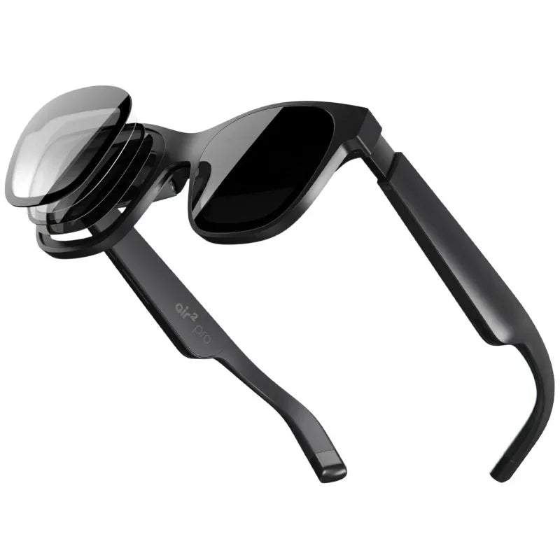 A pair of sleek black smart glasses featuring detachable, layered lenses against a white background highlights the flexible and adaptable design, echoing the cutting-edge aesthetics of the XReal Air 2 Pro AR Glasses by HeadphoneHeat in augmented reality.
