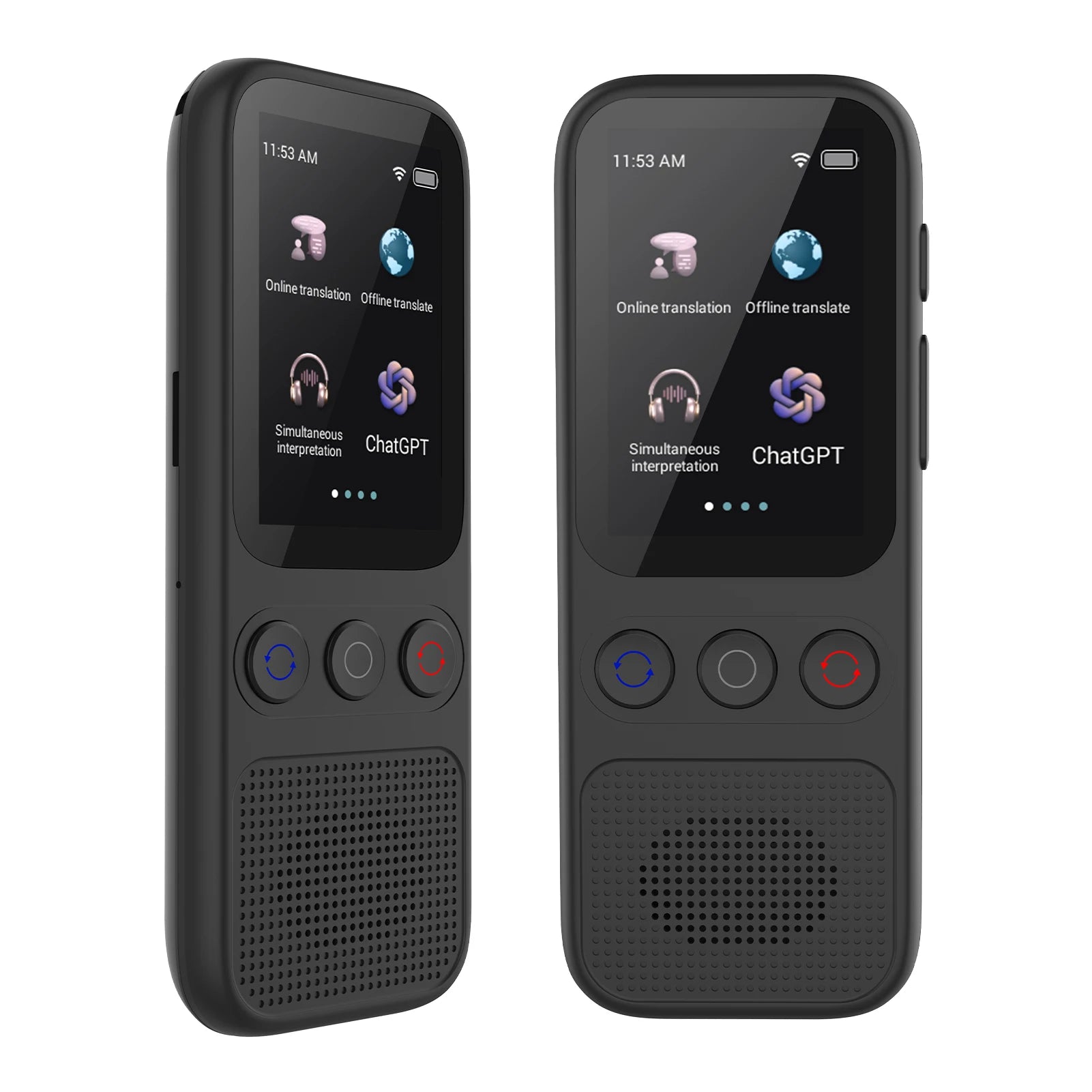 Two black Dropshipman S80 Language AI Translator Devices display real-time and offline translation options, each with three buttons below the screen and a speaker grille at the bottom.