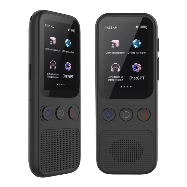 Two black Dropshipman S80 Language AI Translator Devices display real-time and offline translation options, each with three buttons below the screen and a speaker grille at the bottom.