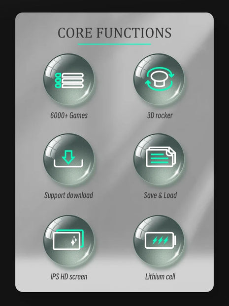An image showcasing a list of core functions for the HeadphoneHeat DATA FROG SF2000 Black Handheld Game Console. Functions include 6000+ games, 3D rocker, support download, save & load, IPS HD screen, and lithium cell. Each function is represented by an icon inside a green and gray circular button.