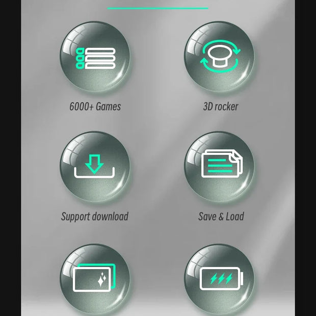 An image showcasing a list of core functions for the HeadphoneHeat DATA FROG SF2000 Black Handheld Game Console. Functions include 6000+ games, 3D rocker, support download, save & load, IPS HD screen, and lithium cell. Each function is represented by an icon inside a green and gray circular button.