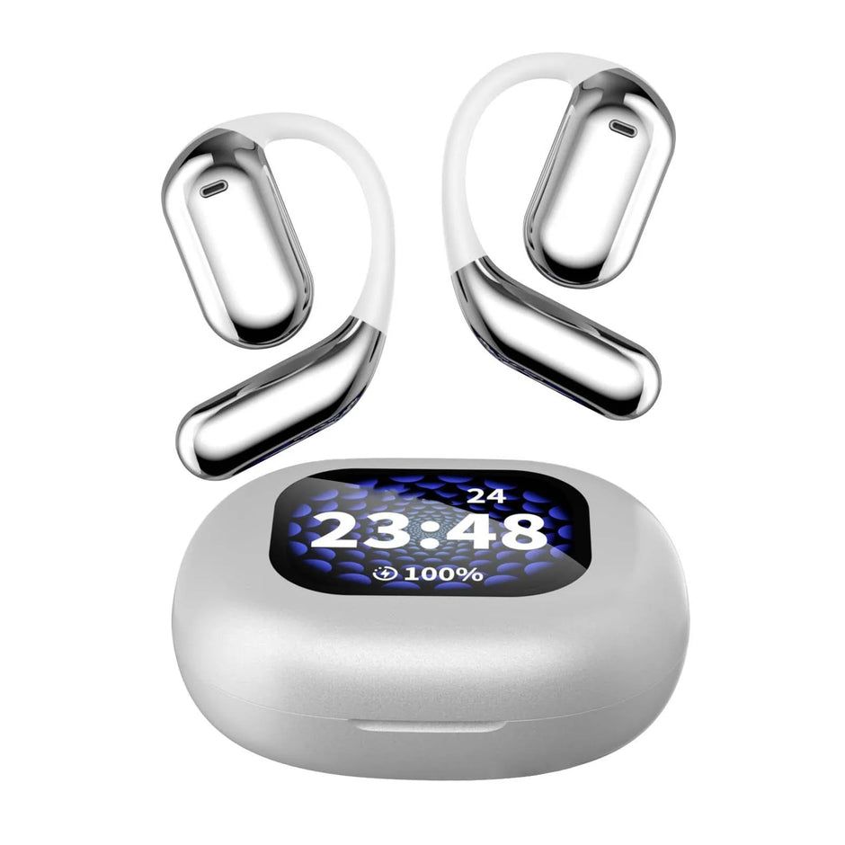 Dropshipman XP2 Large Over The Ear Earbuds in silver feature a unique curved design and come with a matching charging case that has a digital time and battery display. Bluetooth 5.4 provides seamless connectivity for effortless audio experiences.