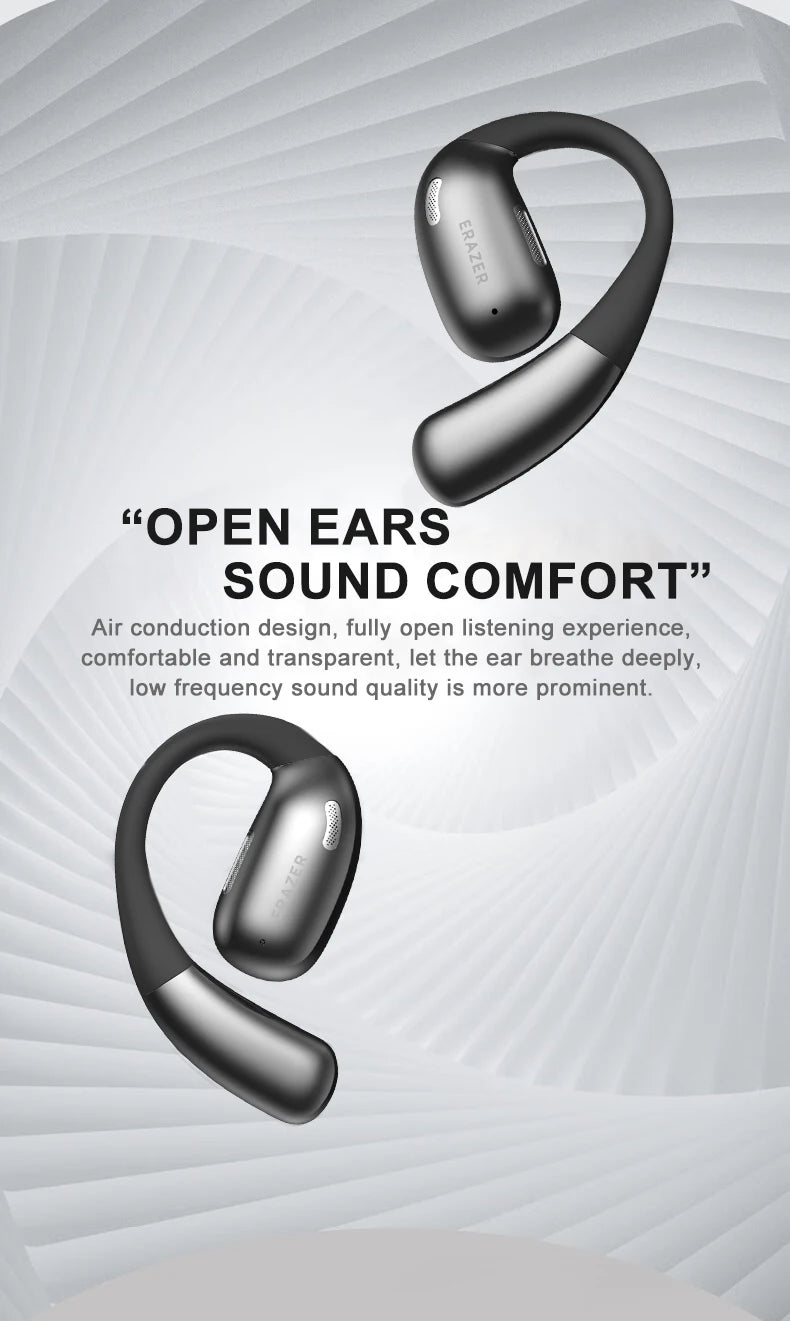 Two black ear pieces are displayed on a textured gray background. Text reads: “Open Ears Sound Comfort. The HeadphoneHeat ERAZER XF31 Bluetooth Translation Earbuds feature an air conduction design for a fully open listening experience, allowing your ears to breathe deeply while enhancing low-frequency sound quality.”