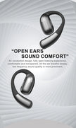 Two black ear pieces are displayed on a textured gray background. Text reads: “Open Ears Sound Comfort. The HeadphoneHeat ERAZER XF31 Bluetooth Translation Earbuds feature an air conduction design for a fully open listening experience, allowing your ears to breathe deeply while enhancing low-frequency sound quality.”