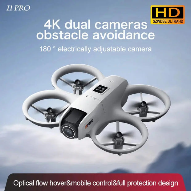 A white DSer I1 PRO Drone 4K Professional HD Aerial Photography with four propellers and dual cameras is shown on a light blue background. Text highlights its 4K HD cameras, obstacle avoidance, 180° adjustable camera, and aerial photography.
