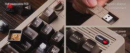 The 8BitDo Retro Mechanical Keyboard by HeadphoneHeat features a hot-swappable PCB for easy switch replacements, a magnetic adapter compartment for USB storage, and a timeless red power status LED. A hand is seen holding an 8Bitdo USB adapter, merging modern functionality with a vintage design aesthetic.