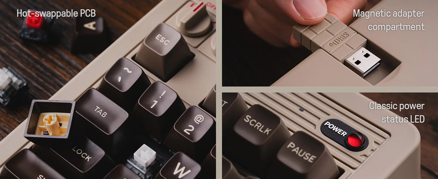 The 8BitDo Retro Mechanical Keyboard by HeadphoneHeat features a hot-swappable PCB for easy switch replacements, a magnetic adapter compartment for USB storage, and a timeless red power status LED. A hand is seen holding an 8Bitdo USB adapter, merging modern functionality with a vintage design aesthetic.