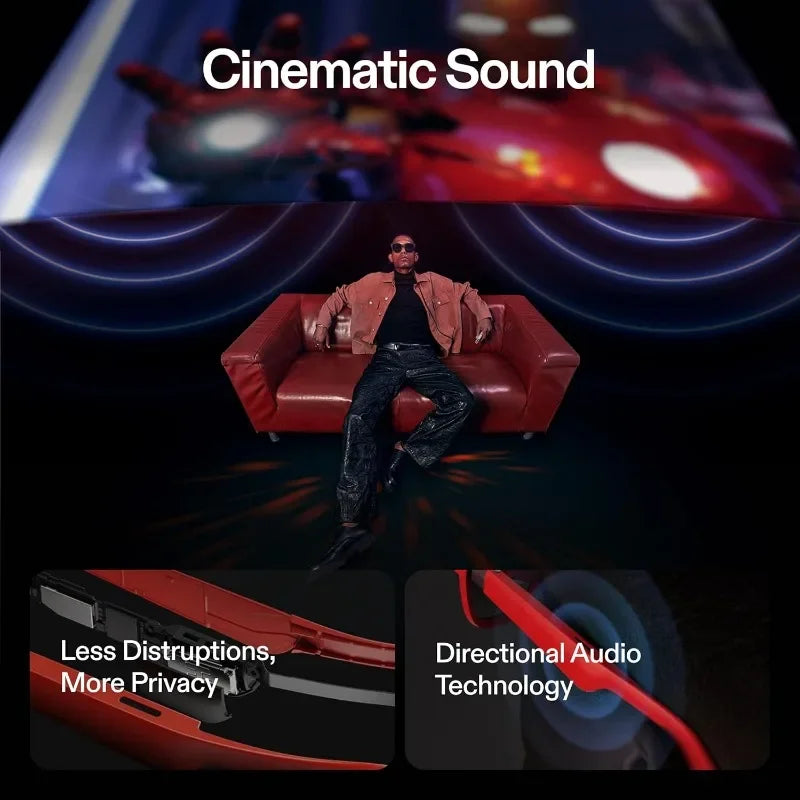 A person is seated on a red couch with a modern background, wearing the XReal Air 2 Pro AR Glasses by HeadphoneHeat. Text reads 