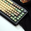 The Capi Bara Mechanical Keyboard by HeadphoneHeat features unique keycaps with cartoon characters and symbols. Its ergonomic design offers comfort in green, brown, and beige. The wireless tech is enhanced by a black knob and function keys on a dark cloth surface.
