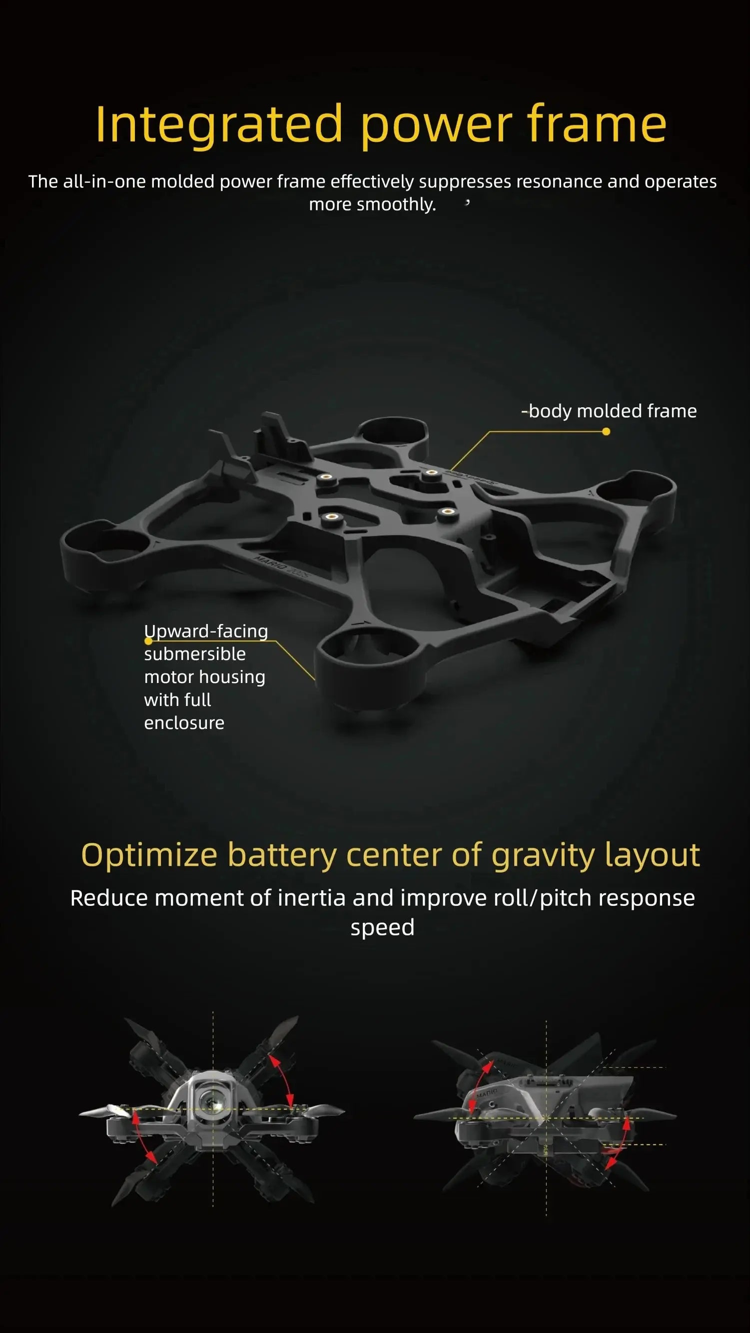 The HeadphoneHeat SpeedyBee Mario Mini25 PW features a black integrated frame with labeled body-molded design and upward-facing submersible motor housing, plus optimized battery center of gravity for enhanced response in this app-controlled RC quadcopter.