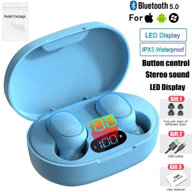 The HeadphoneHeat E7s TWS Earbuds are light blue true wireless earphones with Bluetooth 5.0, open charging case with LED display, hi-fi sound, ANC, waterproof design, iOS/Android compatibility, spare eartips, and a charging cable included.