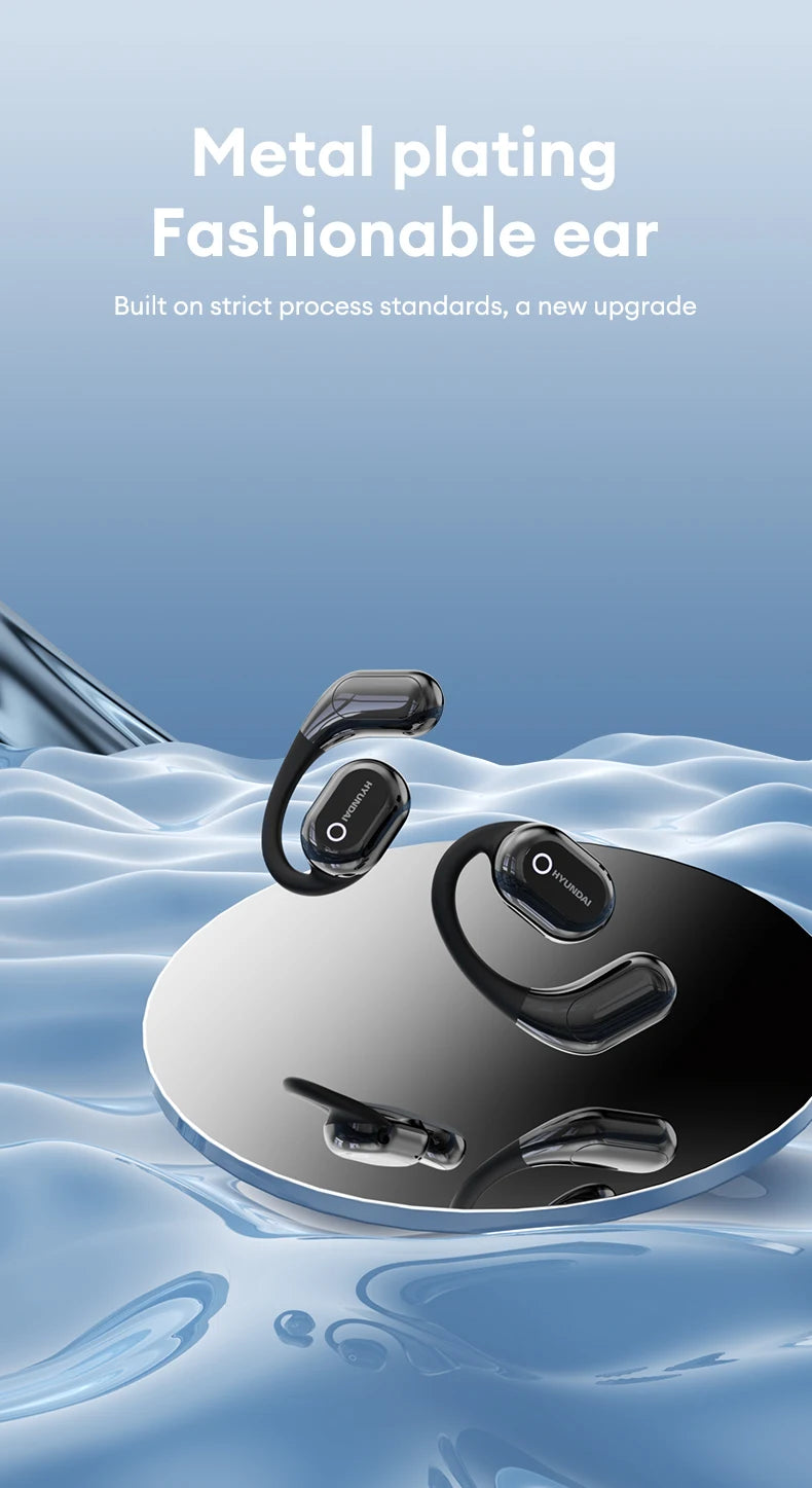 Sleek choice HYUNDAI HY-Y16 AI translator OWS Wireless Bluetooth v5.4 Earphones by HeadphoneHeat feature HIFI Stereo sound floating above a rippled surface, reflecting in a shiny metallic disc. The text reads "Metal plating, Fashionable ear, Built on strict process standards, a new upgrade" against a soft blue background.