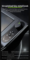 Close-up of the HeadphoneHeat Smart Display Mechanical Gaming Keyboard With 10.1-inch Colorscreen, featuring a streamlined metal knob to highlight its functions and benefits. The 84-key layout emphasizes space-saving, portability, and operational improvements, complemented by durable PBT plastic keys for a superior typing experience.
