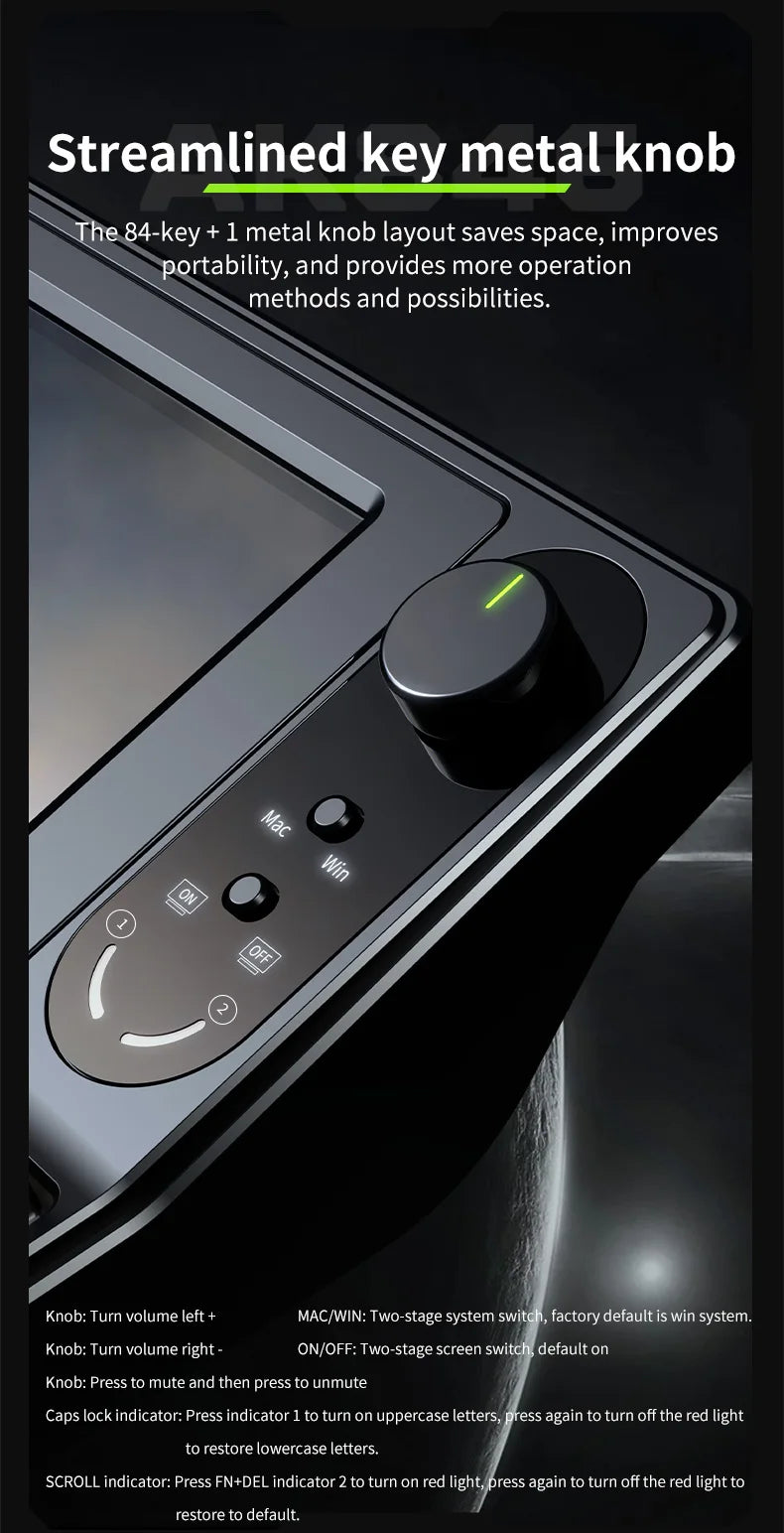 Close-up of the HeadphoneHeat Smart Display Mechanical Gaming Keyboard With 10.1-inch Colorscreen, featuring a streamlined metal knob to highlight its functions and benefits. The 84-key layout emphasizes space-saving, portability, and operational improvements, complemented by durable PBT plastic keys for a superior typing experience.