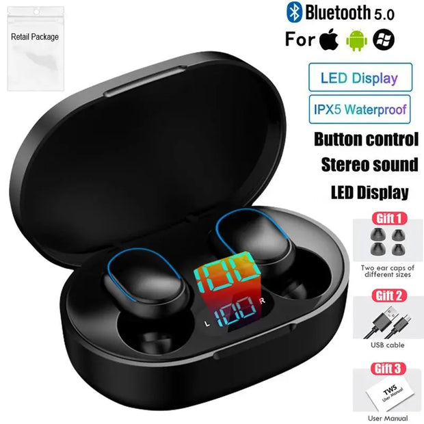 HeadphoneHeat E7s TWS Earbuds: black true wireless earphones in an open charging case with LED battery display, Bluetooth 5.0, IPX5 waterproofing, active noise cancellation, hi-fi sound, Apple/Android compatible. Three gift icons shown.
