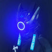 Wearing the LED Lights Cyberpunk Full Face Mask from HeadphoneHeat, a person sports a sleek black helmet with glowing blue elements and 