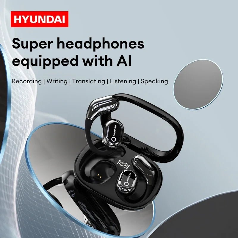 The promotional image features HeadphoneHeat's choice HYUNDAI HY-Y16 AI translator OWS Wireless Bluetooth v5.4 Earphones. Stylish black earbuds are set in their charging case, with text emphasizing capabilities such as recording, writing, translating, listening, and speaking. The background is enhanced by reflections and geometric shapes for a modern look.