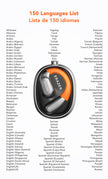 An [AI Translator Earphone] ERAZER XF31, by HeadphoneHeat, is prominently displayed alongside Bluetooth Earphones. It is surrounded by a vibrant list of 150 languages in orange and black text, featuring languages such as English, Spanish, Arabic, French, and Chinese.
