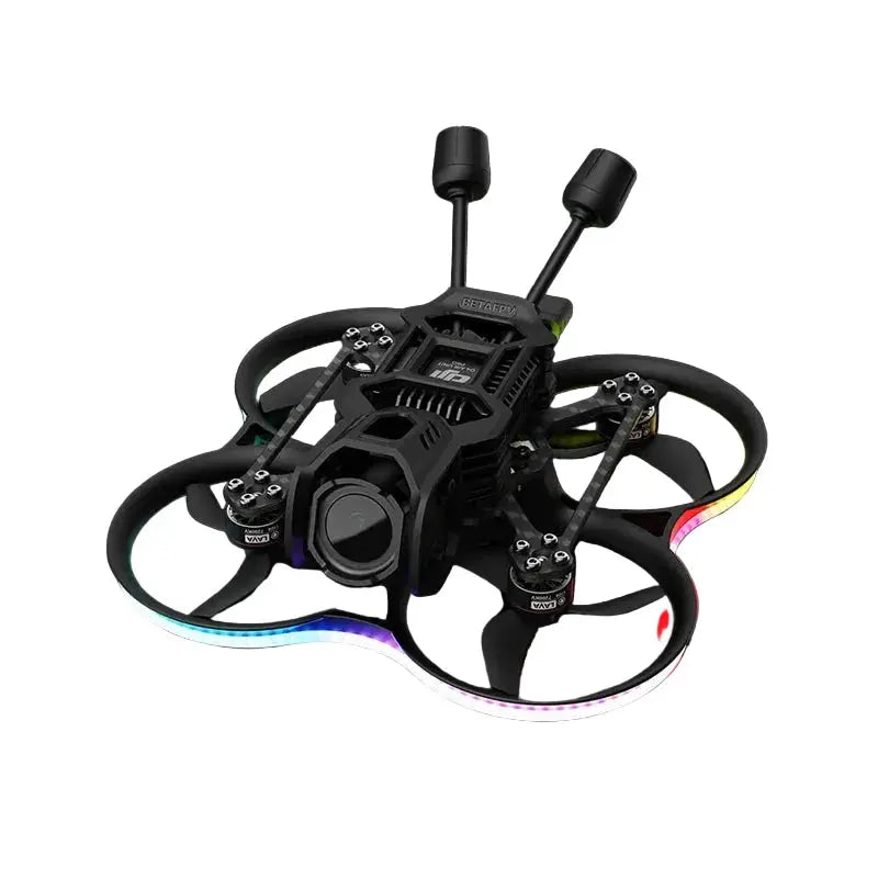 The HeadphoneHeat BETAFPV Pavo20 Pro II Brushless Whoop Quadcopter for DJI O4 / O4 Pro features a black frame, propeller guards, dual antennas, multicolor LEDs, 4K UHD video support. NEW, 100% ORIGINAL, and FAST DELIVERY.