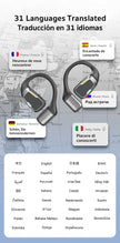 An image features the AI Earphone Translator Erazer XP6 Bluetooth Earphones from HeadphoneHeat displayed over a world map. Speech bubbles offer greetings in French, Spanish, German, Russian, and Italian. Below is a list highlighting its support for 31 languages, showcasing extensive global reach and advanced translation capabilities with the convenience of touch control.