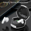 A pair of Esports ZIXZEX Game Bluetooth TWS Earbuds by HeadphoneHeat is displayed, with one earbud inside an open, black and white charging case. Another earbud is placed outside the case. The text 