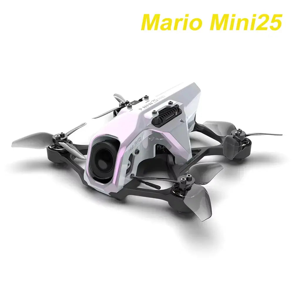A sleek, white RC quadcopter drone by HeadphoneHeat, the SpeedyBee Mario Mini25 PW, features four propellers, a 1080p FHD front camera, and “Mario Mini25” in yellow text at the top right corner.