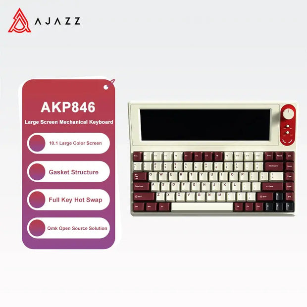 The HeadphoneHeat Smart Display Keyboard features a 10.1-inch color screen, red and white keycaps, a red rotary knob, hot-swappable mechanical switches, open-source QMK support, and a sleek gasket structure for superior performance.