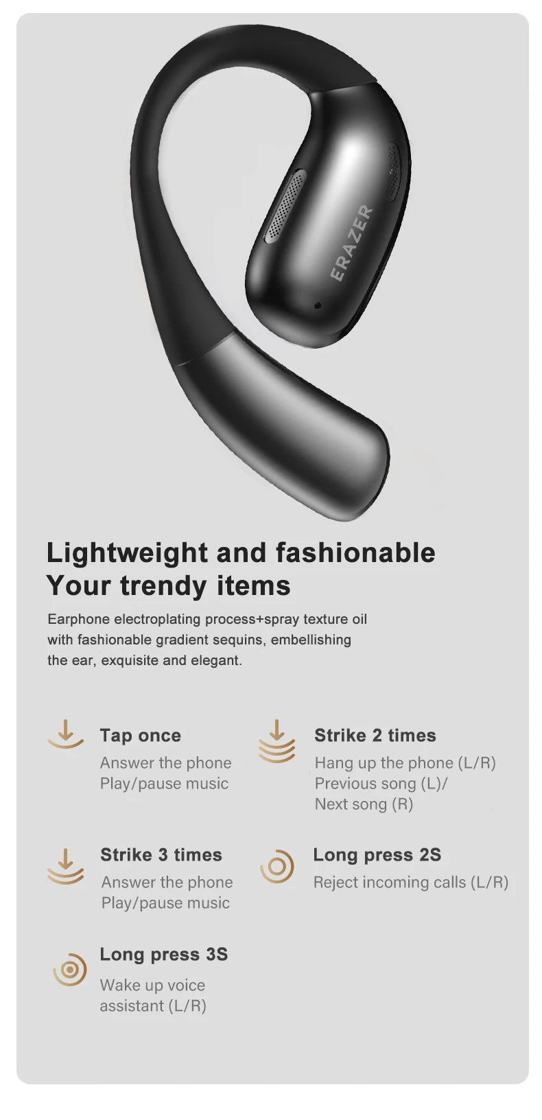Discover the stylish design of HeadphoneHeat's AI Translator Earphone, the ERAZER XF31 Bluetooth Translation Earbuds. These lightweight, open-back wireless headphones feature intuitive controls: tap to answer or hang up calls, swipe for previous or next songs, and long press to reject calls. Perfectly crafted for both style and convenience.
