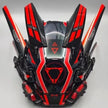 The LED Lights Cyberpunk Full Face Mask by HeadphoneHeat resembles a futuristic robot with its black and red colors, featuring angular shapes, geometric patterns, LED lights, and detailed mechanics for a high-tech appearance.