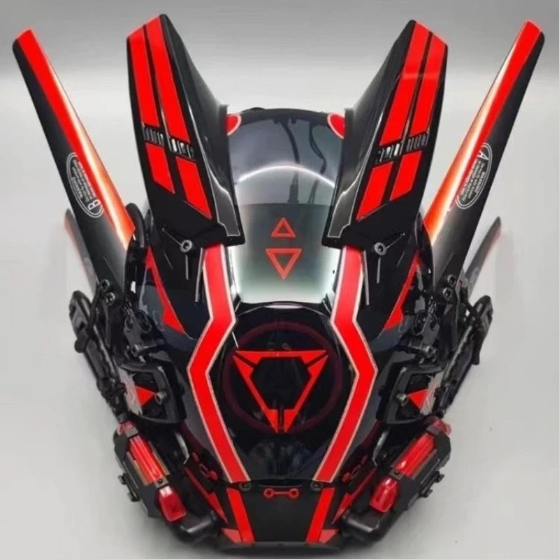 The LED Lights Cyberpunk Full Face Mask by HeadphoneHeat resembles a futuristic robot with its black and red colors, featuring angular shapes, geometric patterns, LED lights, and detailed mechanics for a high-tech appearance.
