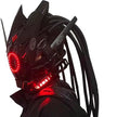 A person wears HeadphoneHeat's LED Lights Cyberpunk Full Face Mask, featuring glowing red LEDs and multiple black cables. The helmet's angular, sharp design enhances its cybernetic and high-tech look.