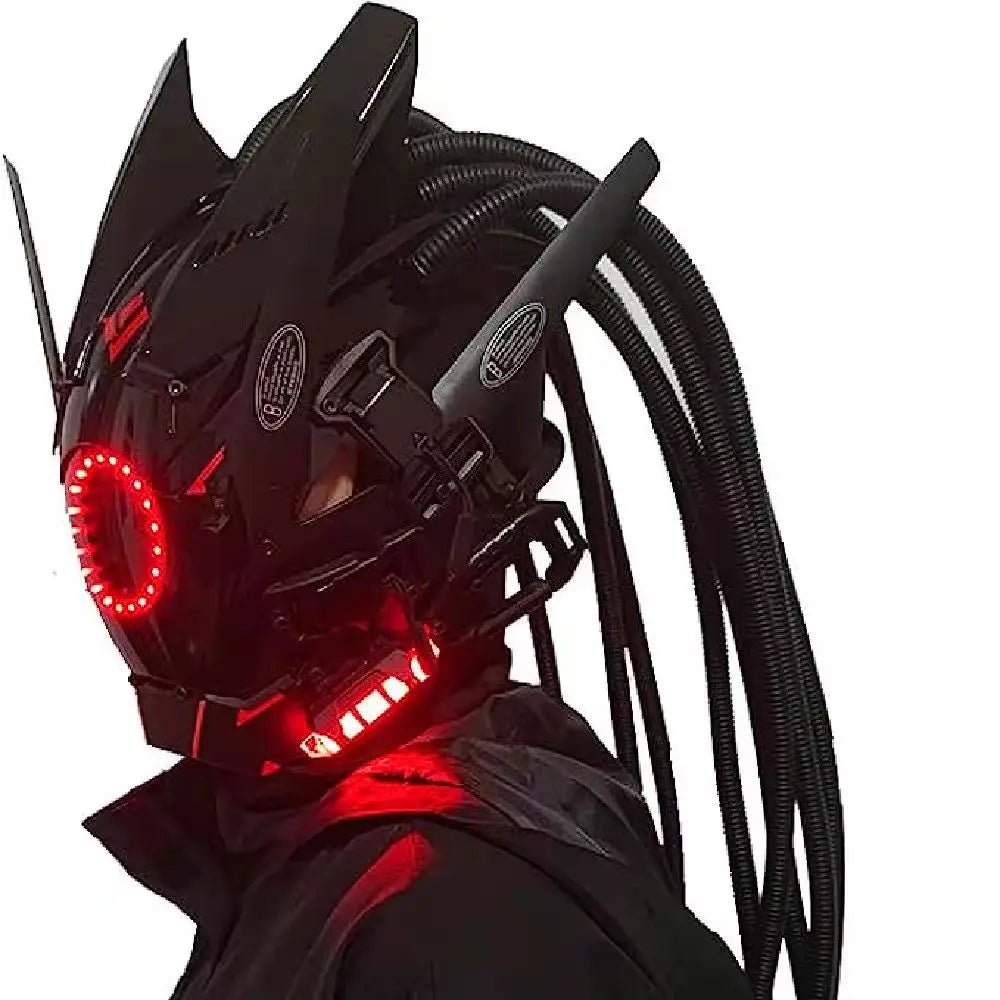 A person wears HeadphoneHeat's LED Lights Cyberpunk Full Face Mask, featuring glowing red LEDs and multiple black cables. The helmet's angular, sharp design enhances its cybernetic and high-tech look.