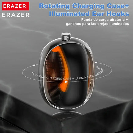 A sleek black and orange rotating charging case with illuminated ear hooks showcases the [AI Translator Earphone] ERAZER XF31 Bluetooth Translation Earbuds Sleep ASMR Headset DIY APP by HeadphoneHeat. Set against a dark background, the image features text in English and Spanish detailing product features, including its cutting-edge noise-cancelling capabilities.