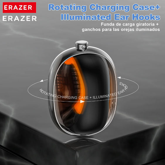 A sleek black and orange rotating charging case with illuminated ear hooks showcases the [AI Translator Earphone] ERAZER XF31 Bluetooth Translation Earbuds Sleep ASMR Headset DIY APP by HeadphoneHeat. Set against a dark background, the image features text in English and Spanish detailing product features, including its cutting-edge noise-cancelling capabilities.