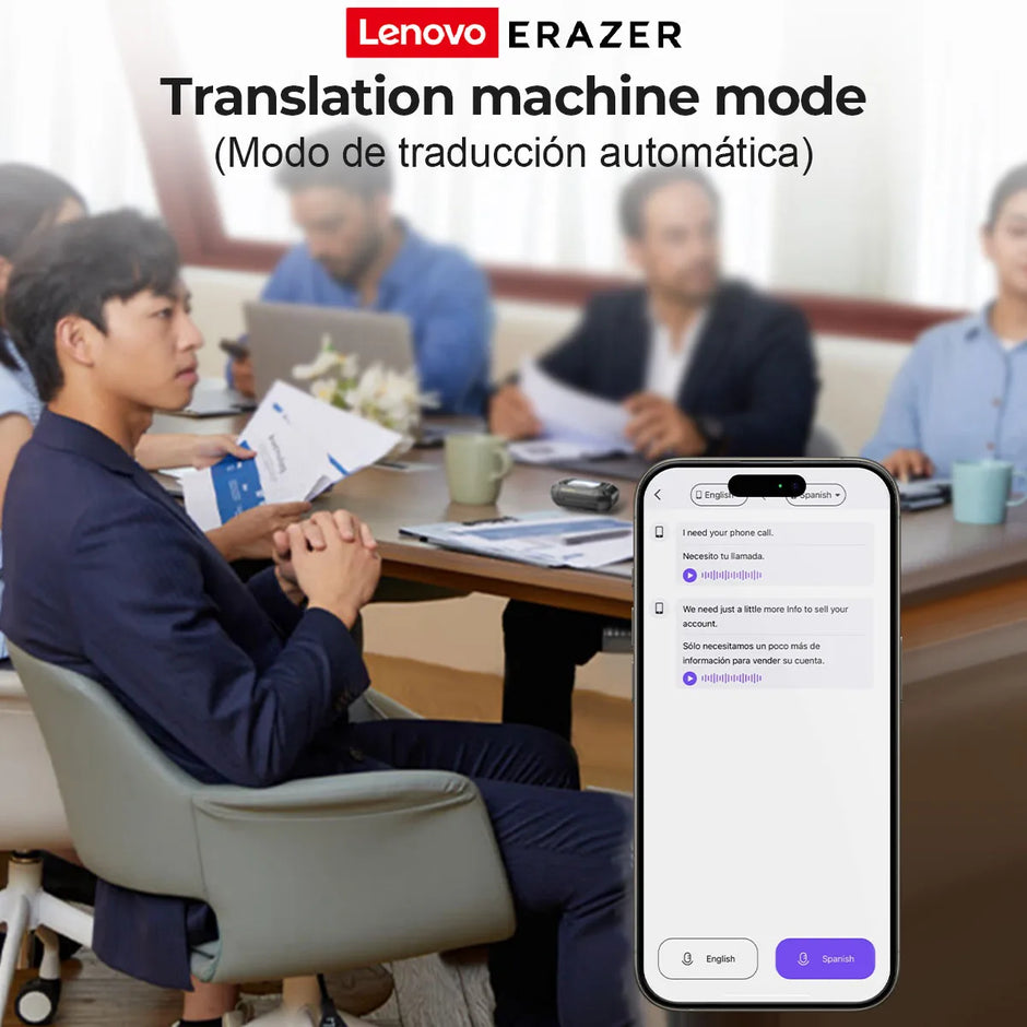 A business meeting features a smartphone prominently showing the HeadphoneHeat AI Earphone's "Translator Erazer XP6" app. In the background, four people are seated around a conference table with notebooks, documents, and XP6 Bluetooth headphones nearby. At the top, text reads "Translation machine mode" in both English and Spanish.