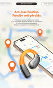 Illustration showcasing the anti-loss function for HeadphoneHeat's [AI Translator Earphone] ERAZER XF31 Bluetooth Translation Earbuds. It features a smartphone displaying a map with location pins, alongside English and Spanish text highlighting Bluetooth capabilities that emit sound prompts and facilitate positioning navigation. The convenience of these waterproof earbuds is also emphasized.