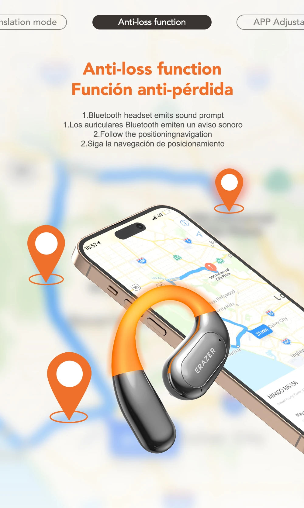 Illustration showcasing the anti-loss function for HeadphoneHeat's [AI Translator Earphone] ERAZER XF31 Bluetooth Translation Earbuds. It features a smartphone displaying a map with location pins, alongside English and Spanish text highlighting Bluetooth capabilities that emit sound prompts and facilitate positioning navigation. The convenience of these waterproof earbuds is also emphasized.