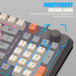 A close-up of the K82 Mechanical Gaming Keyboard from HeadphoneHeat highlights its independent volume knob. This wired gaming keyboard features colorfully backlit keys, underscoring the ease of adjusting audio with a simple twist.