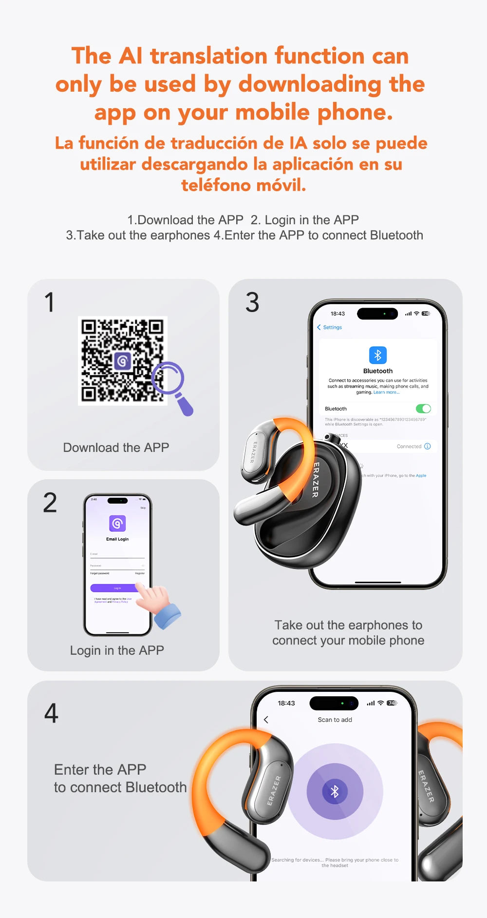 Instructions for using the AI translation function with your HeadphoneHeat ERAZER XF31 Bluetooth Translation Earbuds: 1. Download the DIY app by scanning the QR code. 2. Log in to the app. 3. Take out your earbuds. 4. Open the app and connect your ERAZER XF31 via Bluetooth for optimal clarity and noise reduction during translations.