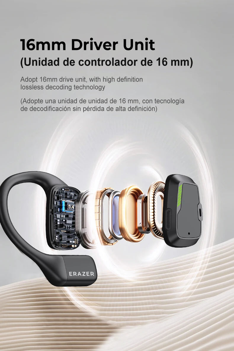 An exploded view of the AI Earphone Translator Erazer XP6 16mm driver unit for wireless Bluetooth headphones reveals the internal components, with text in both English and Spanish highlighting its high-definition lossless decoding technology. Featuring touch control and a sleek black design, these HeadphoneHeat earphones are perfect for any music lover.