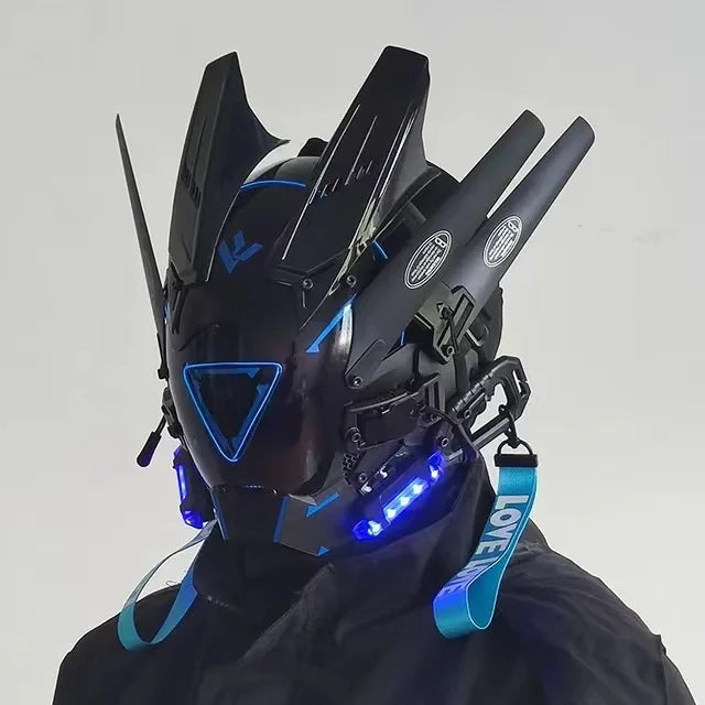 HeadphoneHeat's LED Lights Cyberpunk Full Face Mask features a futuristic design with angular LED patterns, multiple protrusions, and a "LOVE" strap, perfectly complementing dark attire for a high-tech look.