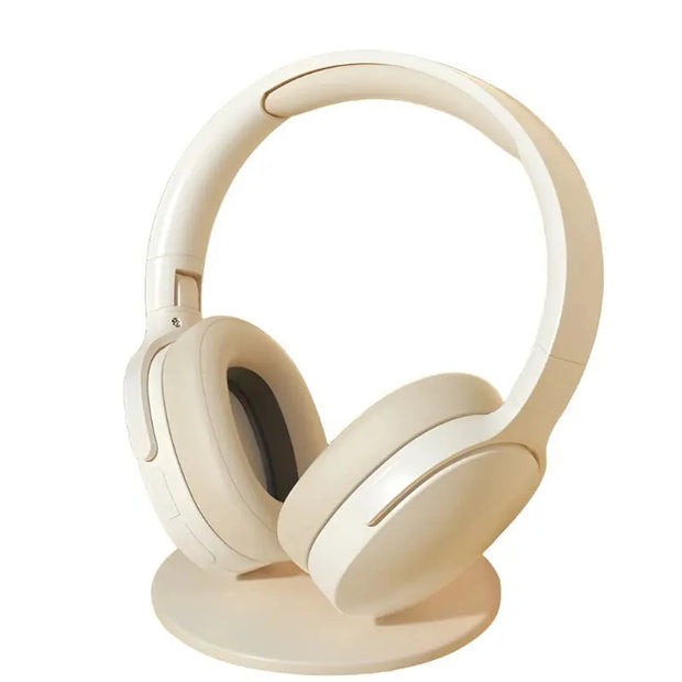 The HeadphoneHeat GENES P2961 Wireless Headphones, shown upright on a matching stand, feature a cream color, Bluetooth 5.3, Hi-Res Audio, and a smooth minimalist design against a white background.