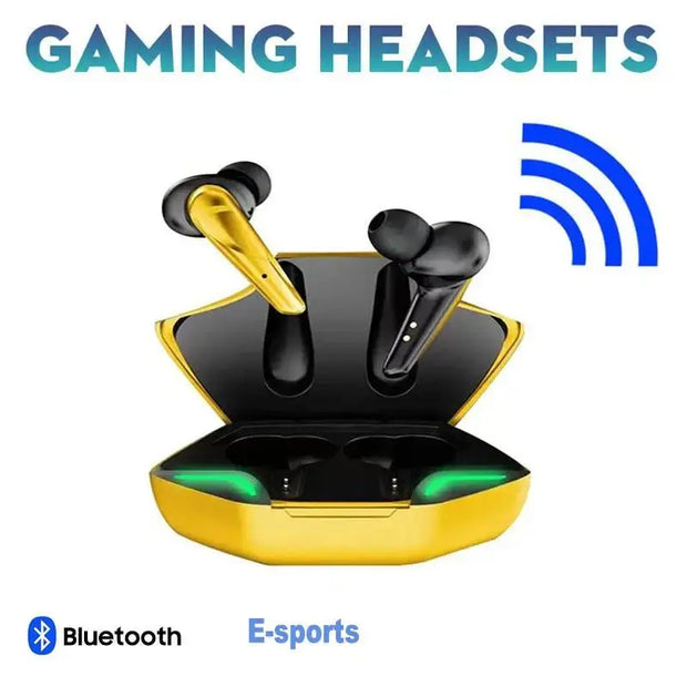 HeadphoneHeat’s TDAEG X15Pro TWS Bluetooth Earbuds, shown in black and yellow with an open gold charging case, are labeled "Gaming Headsets." Bluetooth and E-sports icons emphasize immersive, high-quality sound via a blue wireless signal.