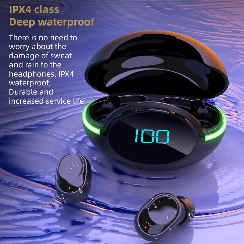 A pair of Y80 Wireless Bluetooth Earbuds by HeadphoneHeat with a blue digital display showing 