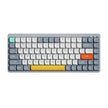 The HeadphoneHeat Wireless Mechanical Keyboard is a compact device featuring OUTEMU switches and keycaps in shades of gray, white, yellow, and orange. It includes a QWERTY layout, a distinctive yellow spacebar, an orange enter key, Bluetooth wireless connectivity, and additional function keys housed within a gray frame.