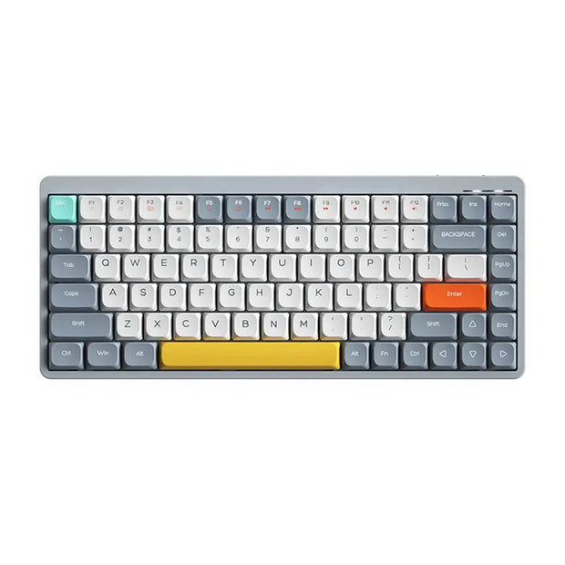 The HeadphoneHeat Wireless Mechanical Keyboard is a compact device featuring OUTEMU switches and keycaps in shades of gray, white, yellow, and orange. It includes a QWERTY layout, a distinctive yellow spacebar, an orange enter key, Bluetooth wireless connectivity, and additional function keys housed within a gray frame.