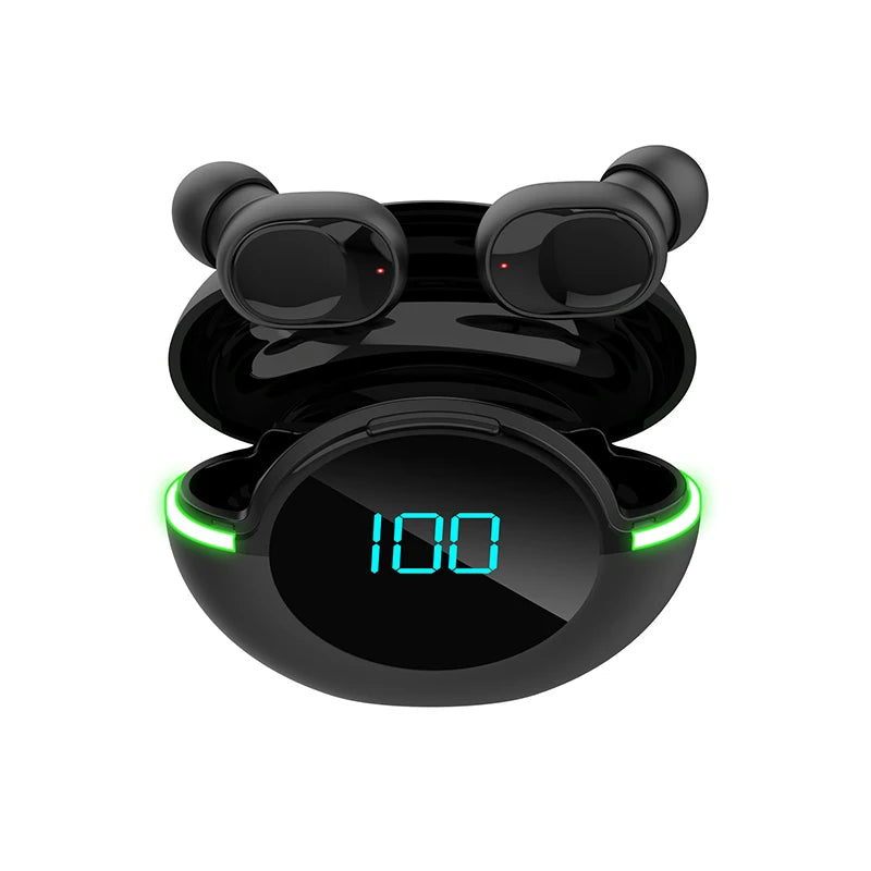 A pair of black, HiFi audio Y80 Wireless Bluetooth Earbuds by HeadphoneHeat inside a charging case with a digital display showing 