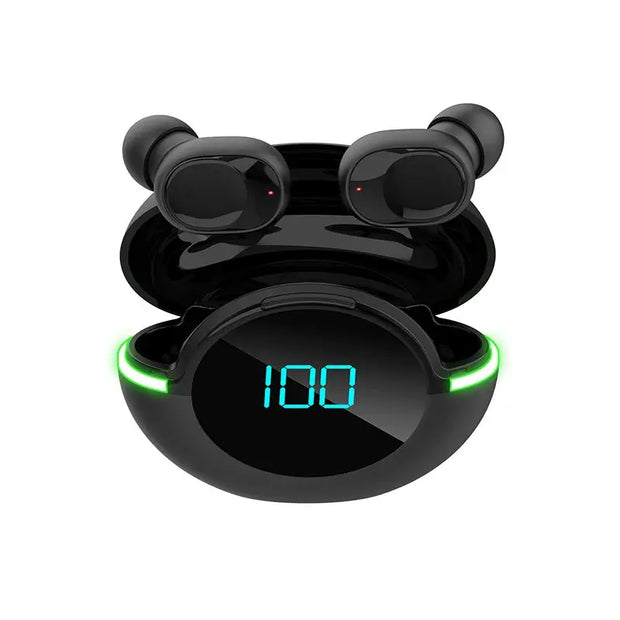 HeadphoneHeat HiFi Wireless Earbuds with Dual Drivers, 20Hr battery, BT 5.0, and waterproof design come in a black charging case with a digital "100" display and green LED lights, delivering immersive audio.